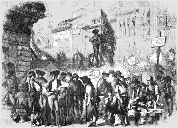 'Scene at a Barricade during the recent Spanish Insurrection', 1854. Creator: Unknown.