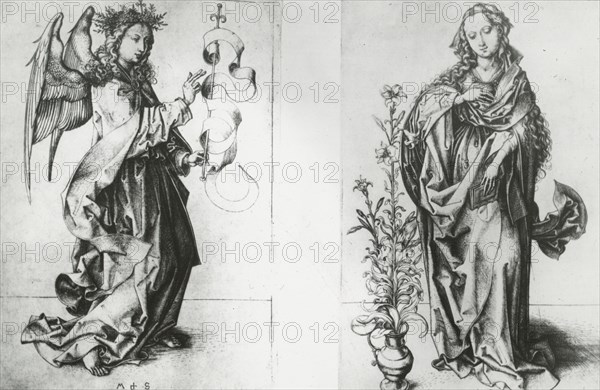 Reproduction of print showing: Madonna and Archangel Gabriel , between 1915 and 1925. Creator: Martin Schongauer.