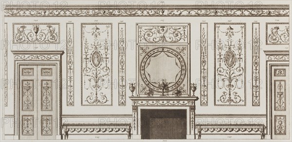 Interior design of wall with door, fireplace, panels and benches (in "Designs for Various Ornaments," pl. 52), 1784.