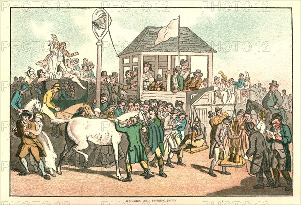 'The Humours of Horse Racing, Weighing and Rubbing Down', c1816 (1886).  Creator: Unknown.