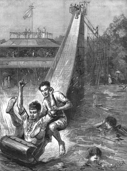 ''Water - Tobogganing- A novel Amusement; after Sydney P. Hall', 1890. Creator: Unknown.