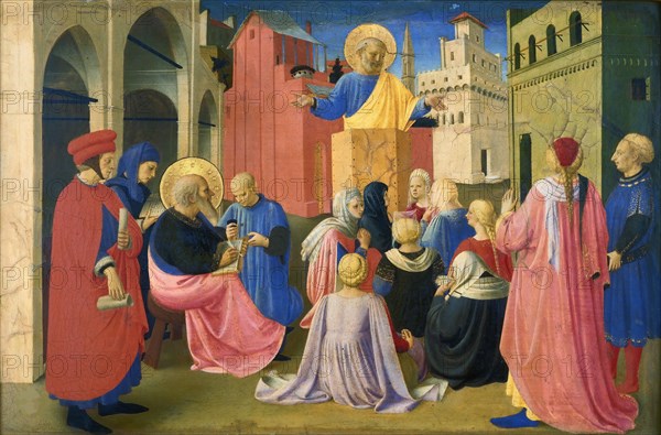 Saint Peter Preaching in the Presence of Saint Mark (Predella of the Tabernacle of..., ca. 1433. Creator: Angelico, Fra Giovanni, da Fiesole (ca. 1400-1455).