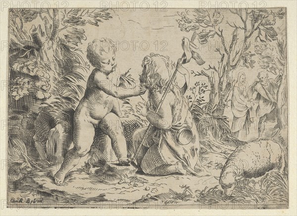 Young Saint John the Baptist kneeling before the infant Christ who caresses his face, ca. 1600-1640. Creator: Anon.