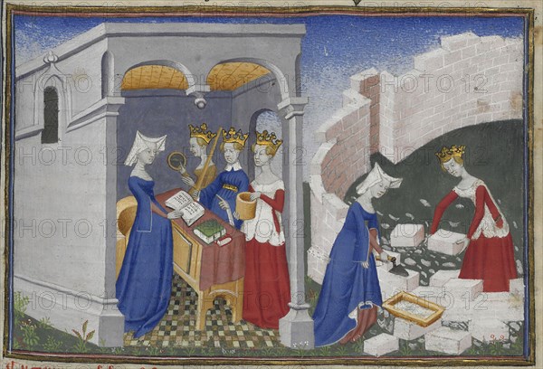 Christine de Pizan builds her city. Miniature from Cité des dames by Christine de Pizan, 1400-1410. Creator: Maître de la Cité des Dames (active ca 1400-1415).