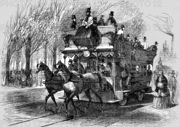 'Railway Omnibus on the Cours la Reine, Paris; Railways upon ordinary roads', 1854. Creator: Unknown.
