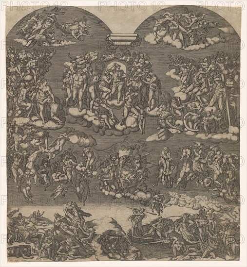 The Last Judgment, Christ at top center surrounded by many figures, below figures..., ca. 1550-1600. Creator: Anon.