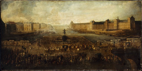 Pont-Neuf, seen from entrance to Place Dauphine, the Malaquais quay with..., between 1660 and 1670. Creator: Unknown.