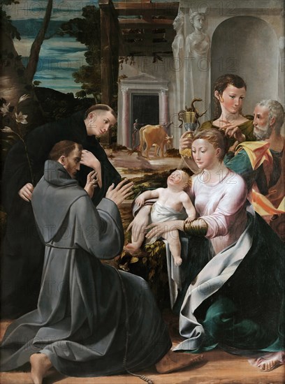 The Virgin and Child with Saint Joseph adored by Saints Anthony of Padua, Francis of Assisi..., 1537 Creator: Mazzola Bedoli, Girolamo (c. 1500-1569).