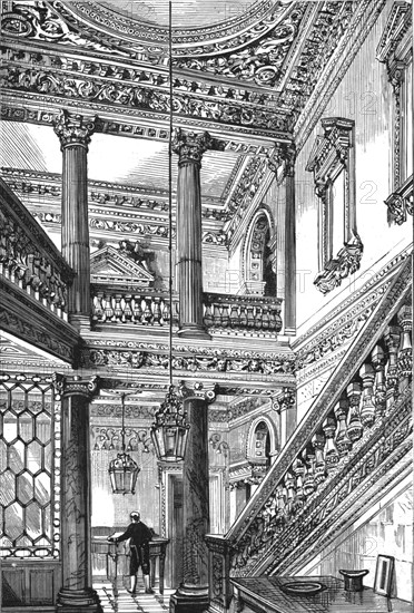 'An old London Mansion - 'Cowfields', 30 Old Burlington Street, Entrance Hall and Staircase', 1886. Creator: Unknown.