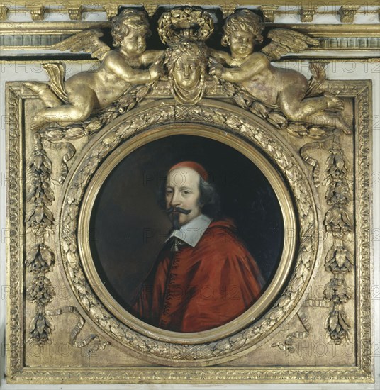 Cardinal Jules Mazarin (1602-1661). Portrait encased in wooden fireplace mantel... Creators: Pierre Mignard, Robert Nanteuil.