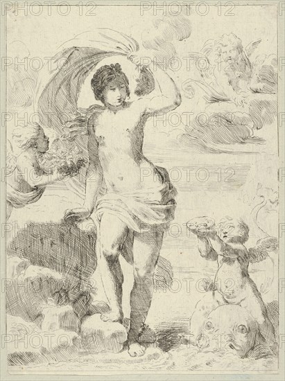 Venus stepping out of the sea, holding a billowing drapery in her left hand, Cupid.., ca. 1600-1640. Creator: Anon.