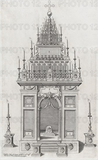 Design of the catafalque for the exequies of the Marchesa di Villena in San Giacomo degli ..., 1604. Creator: Anon.