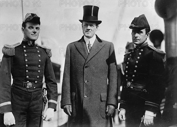 Battleship Review, Unidentified Naval officer; Postmaster General Hitchcock; Dr. Cary..., 1912. Creator: Harris & Ewing.