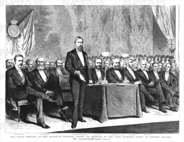 'The great meeting at Her Majesty's Theatre, ...Irish Patriotic Union...', 1886. Creator: Unknown.