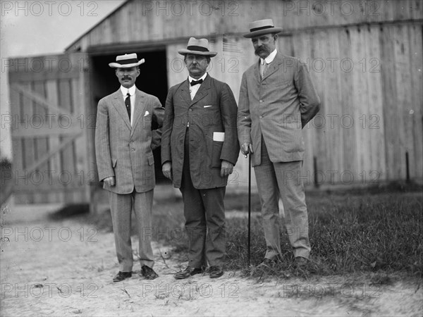 Wright Flights, Fort Myer, Va, July 1909. Spectators: Maj. G.O. Squier; Rep. Prince; Gen. Allen. Creator: Harris & Ewing.