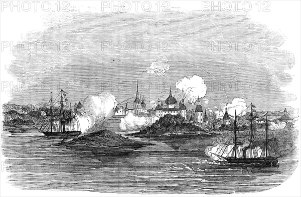 Attack on the town of Novitska, in the White Sea, by the "Miranda" and "Brisk", 1854. Creator: Unknown.