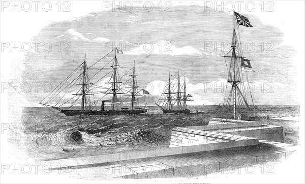 The British Steamer "Bengal" bringing a supposed Russian Prize into Madras Harbour, 1854. Creator: Unknown.