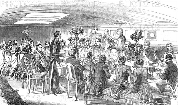 The King of Denmark dining on board the "Cygnus", 1854. Creator: T. H. Wilson.