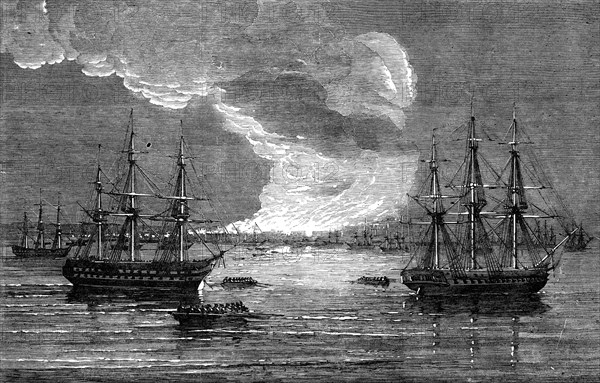 Conflagration at Varna: French Line-of-Battle ship "Bayard" - H.M. Frigate "Leander", 1854. Creator: Unknown.