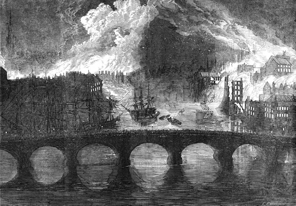 The Great Fires, at Newcastle and Gateshead - sketched from the High-Level Bridge, 1854. Creator: Edmund Evans.