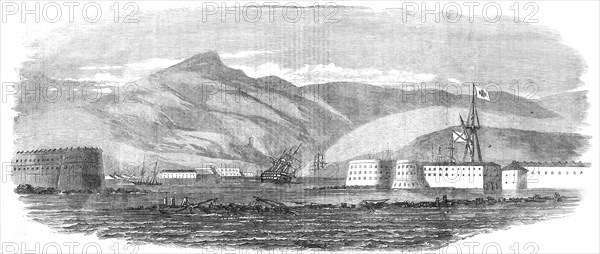 The Sunken Ships at the Mouth of the Harbour of Sebastopol, sketched by Lieut. Montagu..., 1854. Creator: Unknown.