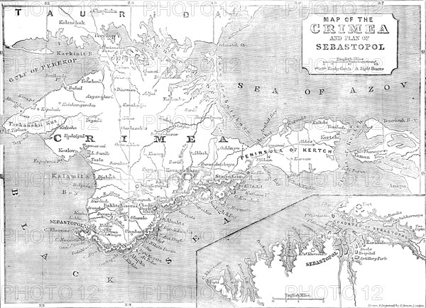 Map of the Crimea and plan of Sebastopol, 1854. Creator: John Dower.