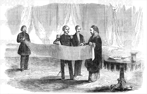 Lieutenant Montagu O'Reilly explaining his Sketch of Sebastopol to the Sultan, 1854. Creator: Unknown.