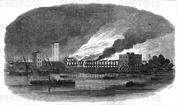 Fire at Cubitt's Building Works, Thames Bank, 1854. Creator: Smyth.