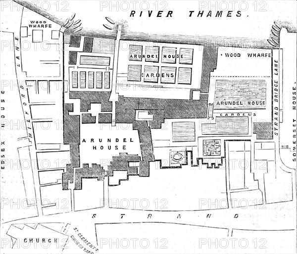 Ground-plot of Arundel House and Gardens, (the dark line encloses the premises), 1854. Creator: Unknown.