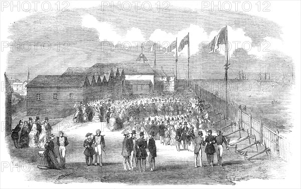 Band of the 3rd French Regiment playing in H.M. Naval Yard, at Deal, 1854. Creator: Unknown.