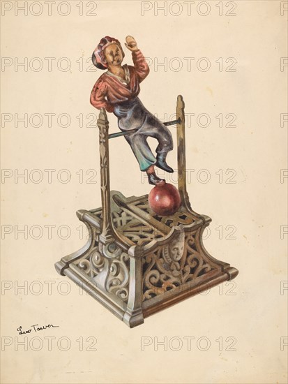 Metal Toy Bank: Boy on Bar, c. 1937.