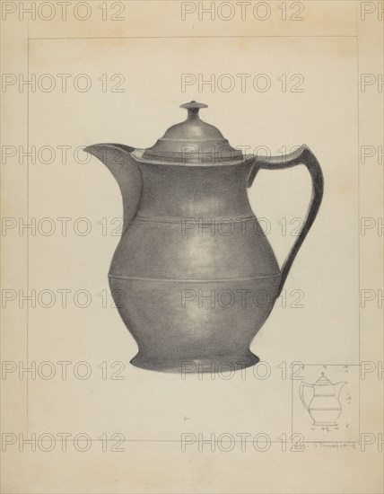 Pewter Covered Water Pitcher, c. 1936.