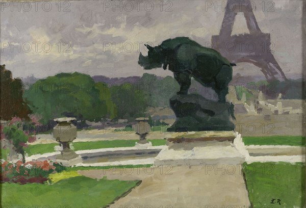 Jardin du Trocadéro avec le Rhinocéros de Jacquemart, 1922.
