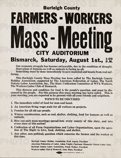Mass meeting poster. Burleigh County, North Dakota, 1937-08.