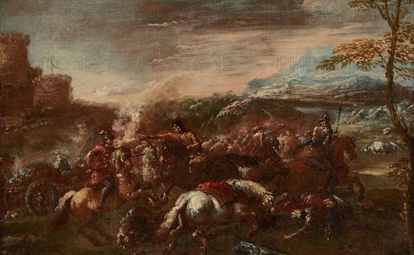 Bataille, 17th century. Battle scene, soldiers, riders, horses.