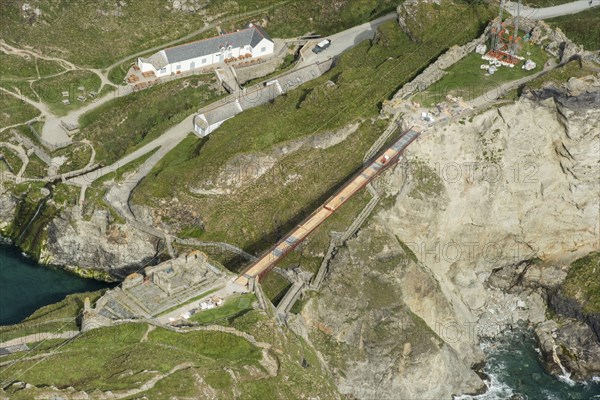 Construction of new Tintagel Castle footbridge, Cornwall, 2019.