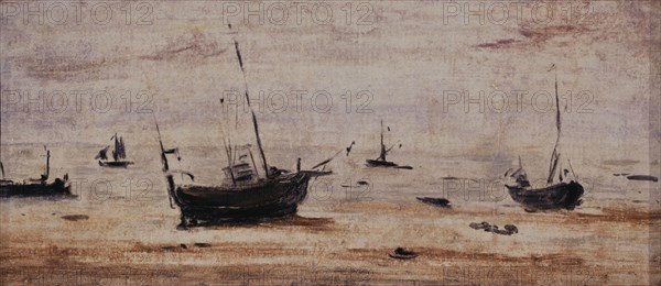 Bateaux échoués à marée basse, c.1895. Beached boats at low tide.