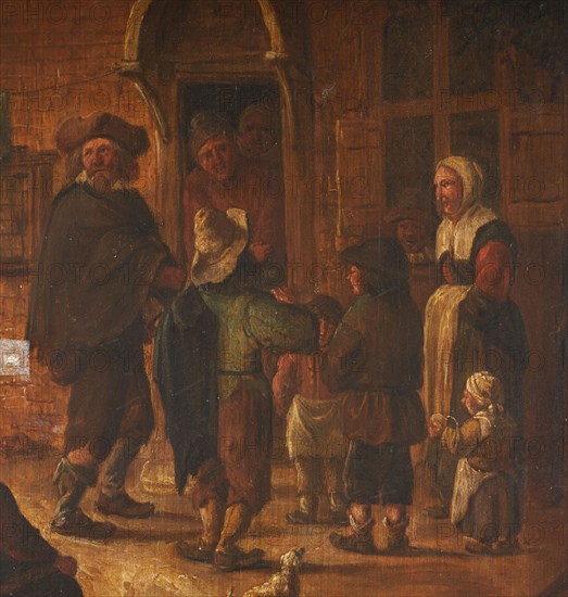 Beggars at the door of the inn, in the style of Adriaen van Ostade.