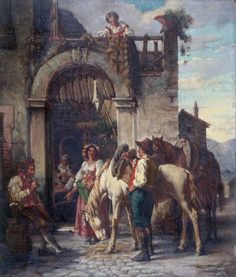 La halte des chevaux à l'auberge, c.1860. Resting horses at an inn.
