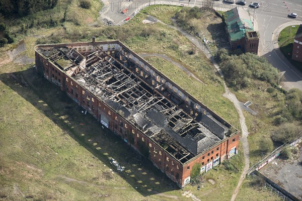 Fire damaged warehouse at Friar Gate Goods Yard, City of Derby, 2021.