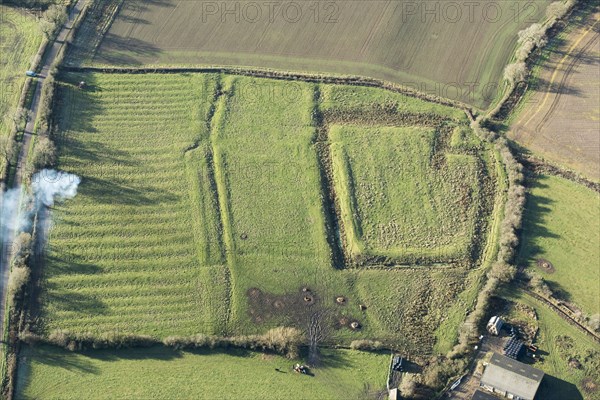 Moated grange and enclosure earthworks at Owston, Leicestershire, 2020.