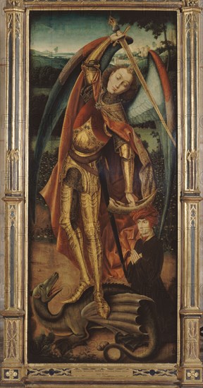 Saint Michael slaying the dragon, after Bermejo, between 1875 and 1900.
