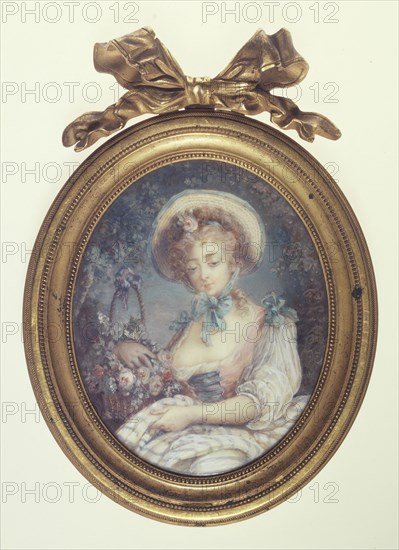 L'Aimable Paysanne, c.1780. Woman wearing bonnet, with basket of flowers.