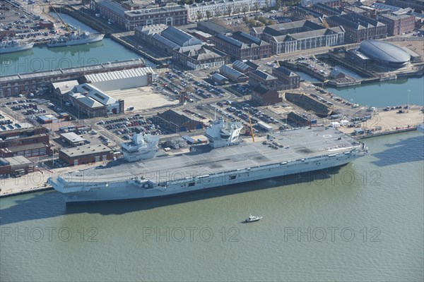 HMS Queen Elizabeth aircraft carrier in dock, Portsmouth, Hampshire, 2020.