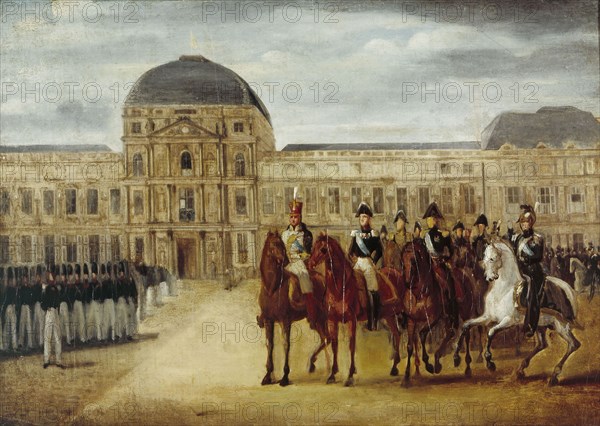 Review passing in front of Tuileries Palace, around 1820. Creator: Unknown.