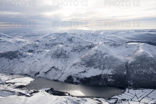 Buttermere Lake and Fell in the snow, Lake District National Park, Cumbria, 2018.