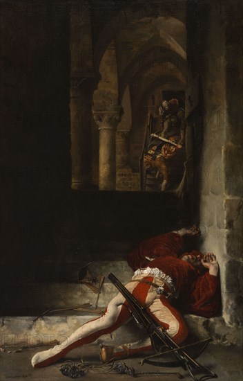 Le Guet-apens, 1869. The Ambush. Man lying injured or dead, with a crossbow and arrows.
