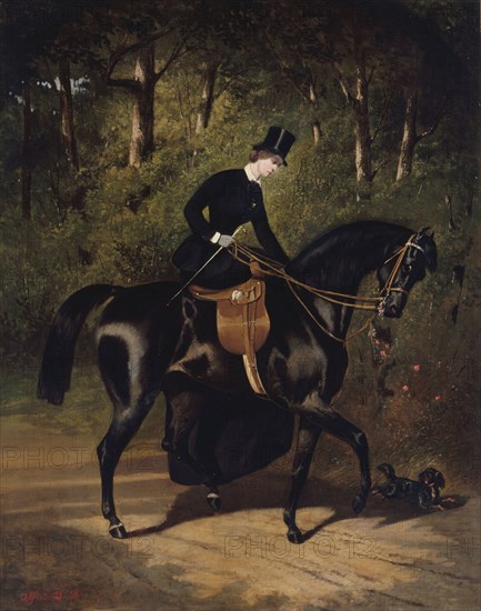 L'écuyère Kippler sur sa jument noire, c.1850. Kippler the horsewoman on her black mare.