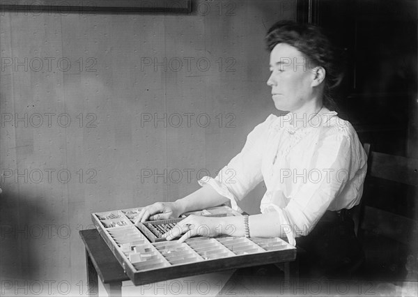 The Blind, Interiors of Library - Institute of The Blind, 1912. Woman with braille type.