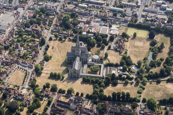 Parch marks around Salisbury Cathedral during the summer of 2018.  Creator: Damian Grady.